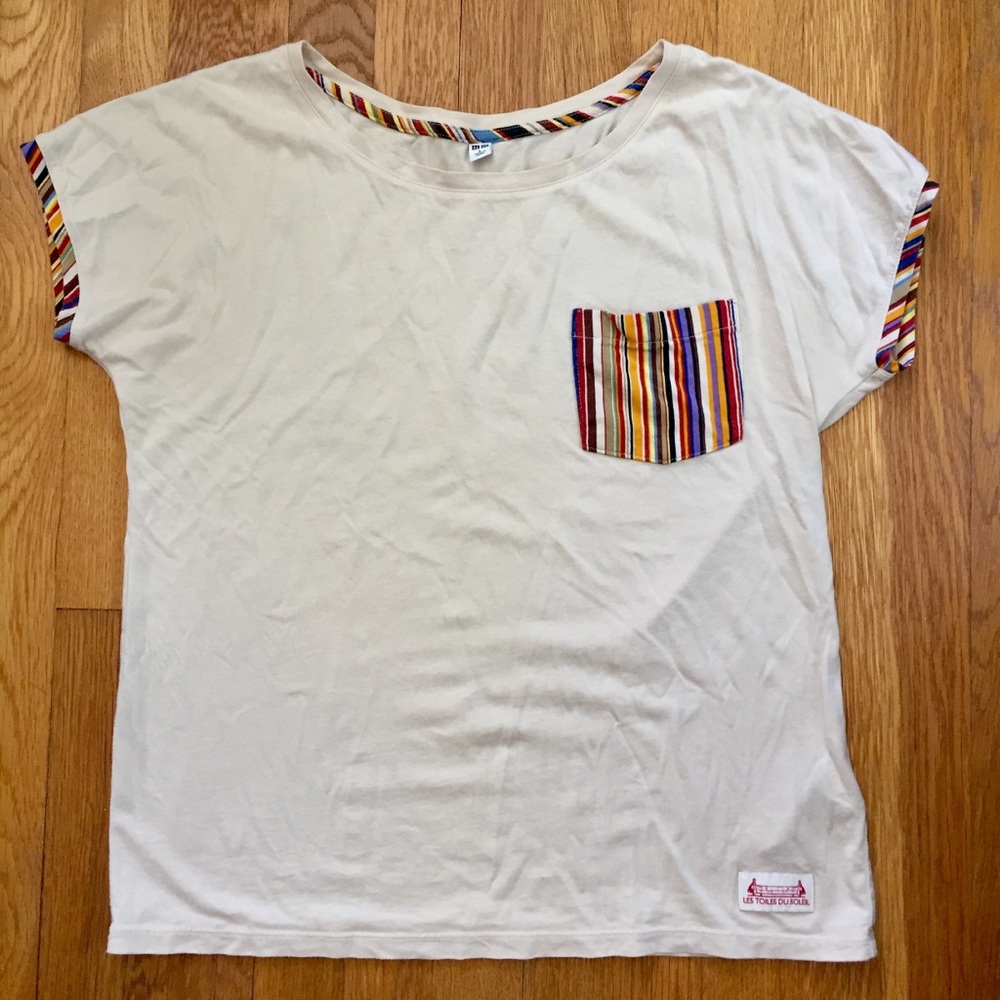 Uniqlo cream T-shirt with rainbow pocket